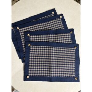 Set of 4 Navy Blue Plaid Placemats Wood Button Longaberger Vintage Cottage Core